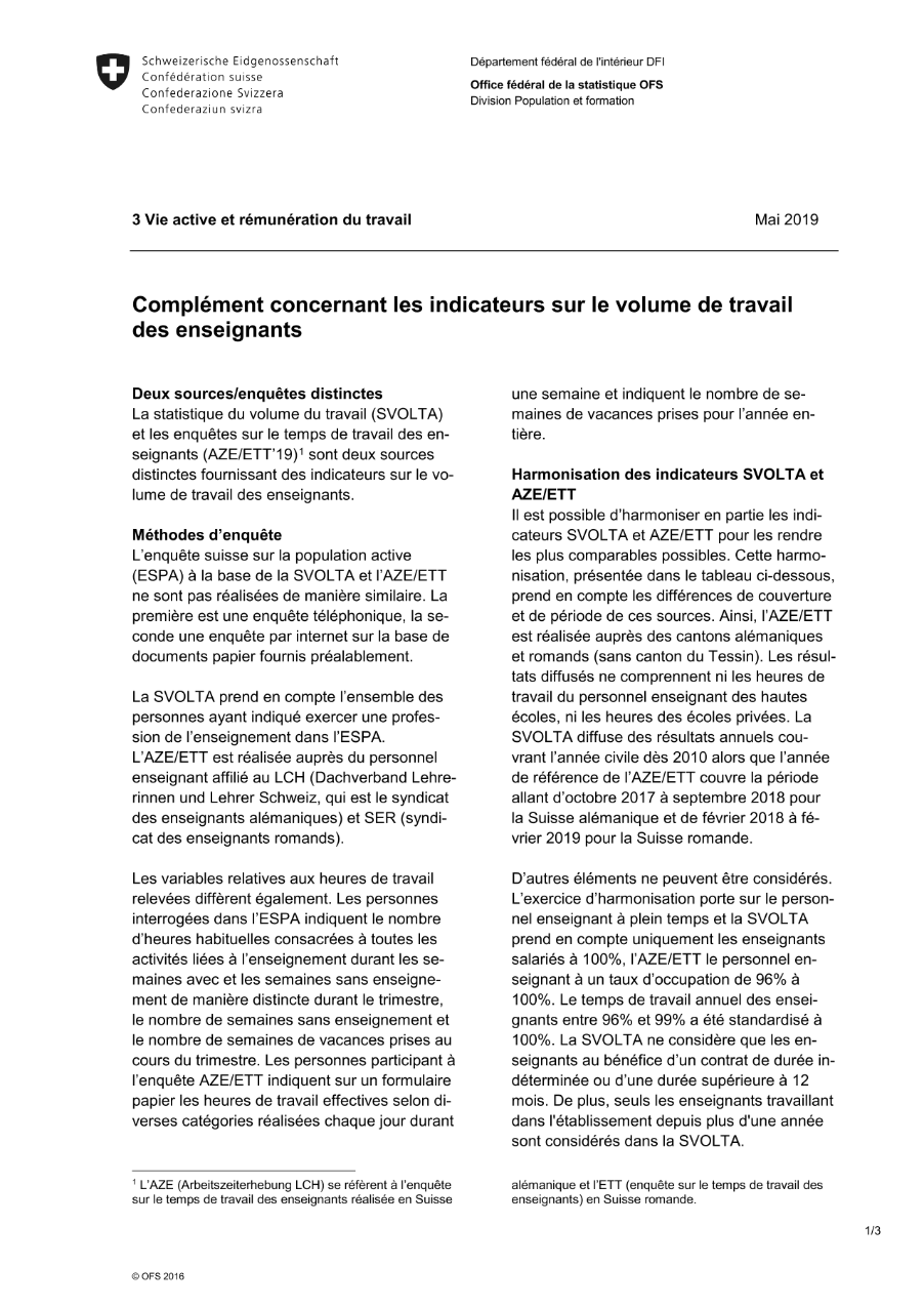 Complément concernant les indicateurs sur le volume de travail des enseignants
