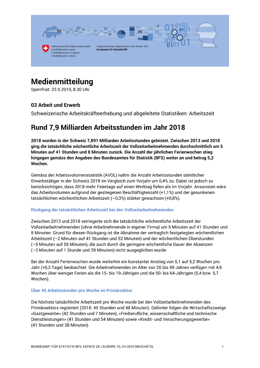 Rund 7,9 Milliarden Arbeitsstunden im Jahr 2018