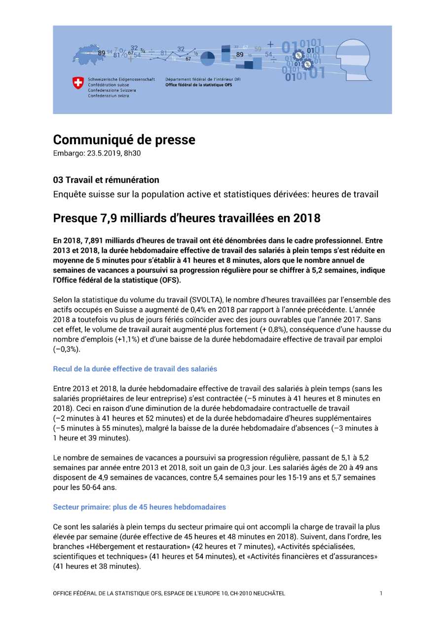 Presque 7,9 milliards d'heures travaillées en 2018