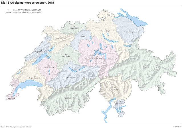 Die 16 Arbeitsmarktgrossregionen 2018