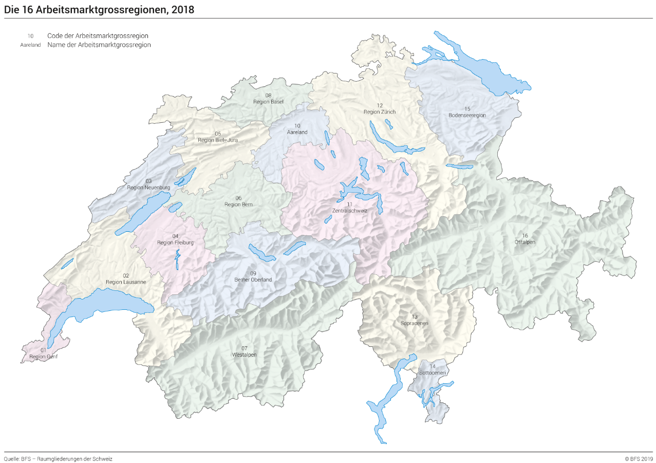 Die 16 Arbeitsmarktgrossregionen 2018