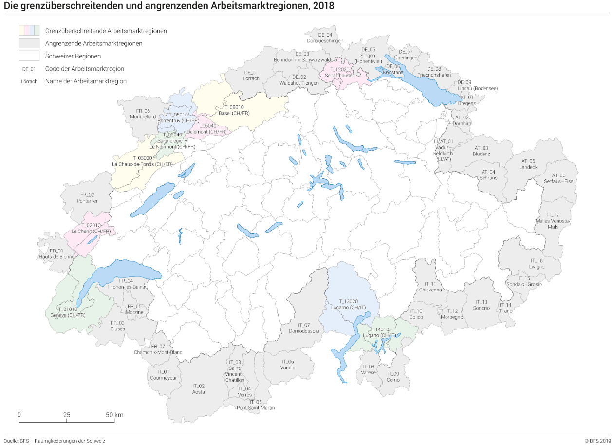 Die grenzüberschreitenden und angrenzenden Arbeitsmarktregionen 2018