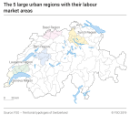 The 5 large urban regions with their labour market areas
