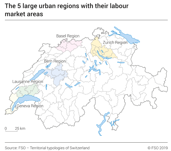 The 5 large urban regions with their labour market areas