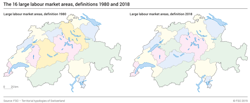 The 16 large labour market areas, definitions 1980 and 2018