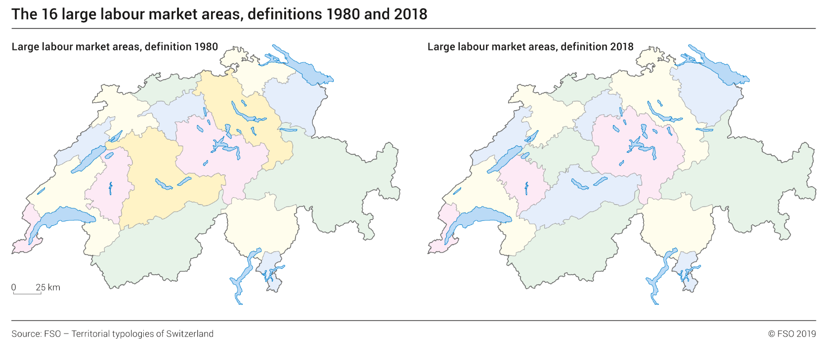 The 16 large labour market areas, definitions 1980 and 2018