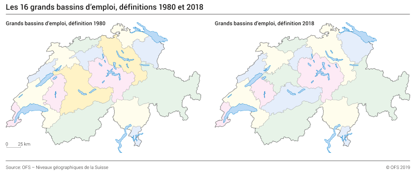 Les 16 grands bassins d'emploi, définitions 1980 et 2018