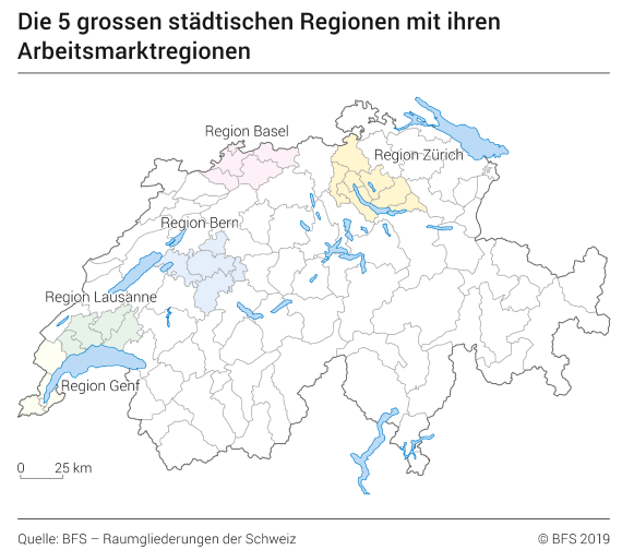 Die 5 grossen städtischen Regionen mit ihren Arbeitsmarktregionen