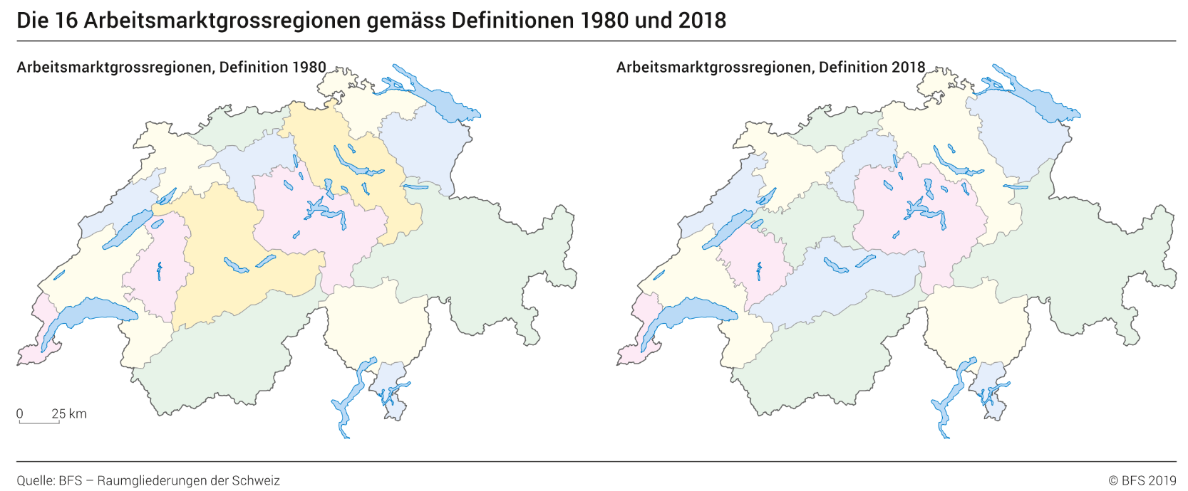 Die 16 Arbeitsmarktgrossregionen gemäss Definitionen 1980 und 2018