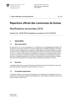 Répertoire officiel des communes de Suisse - Modifications annoncées 2019 - Version du 19.06.2019 (remplace la version du 21.03.2019)