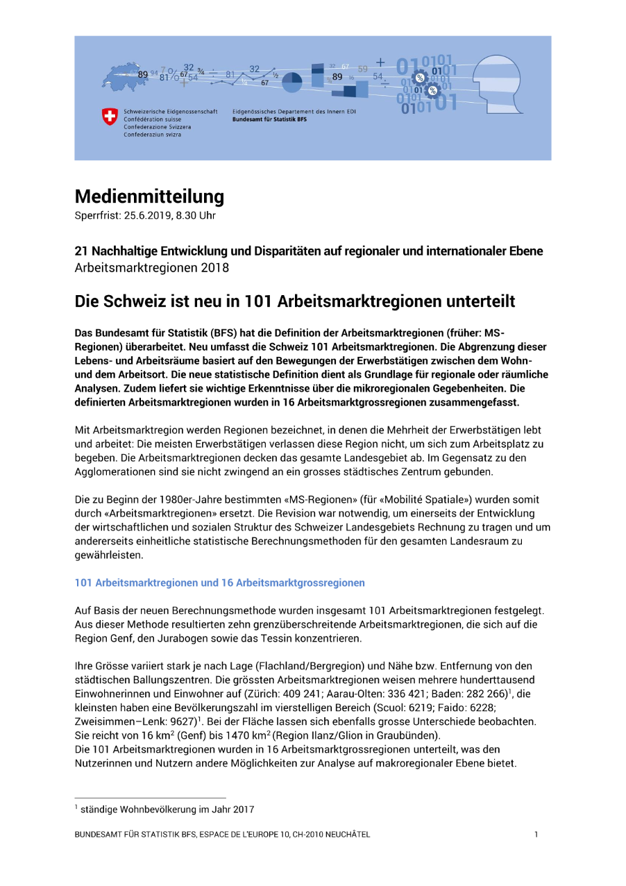 Die Schweiz ist neu in 101 Arbeitsmarktregionen unterteilt