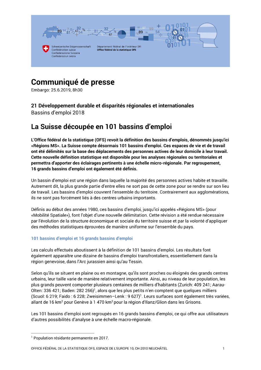 La Suisse découpée en 101 bassins d'emploi