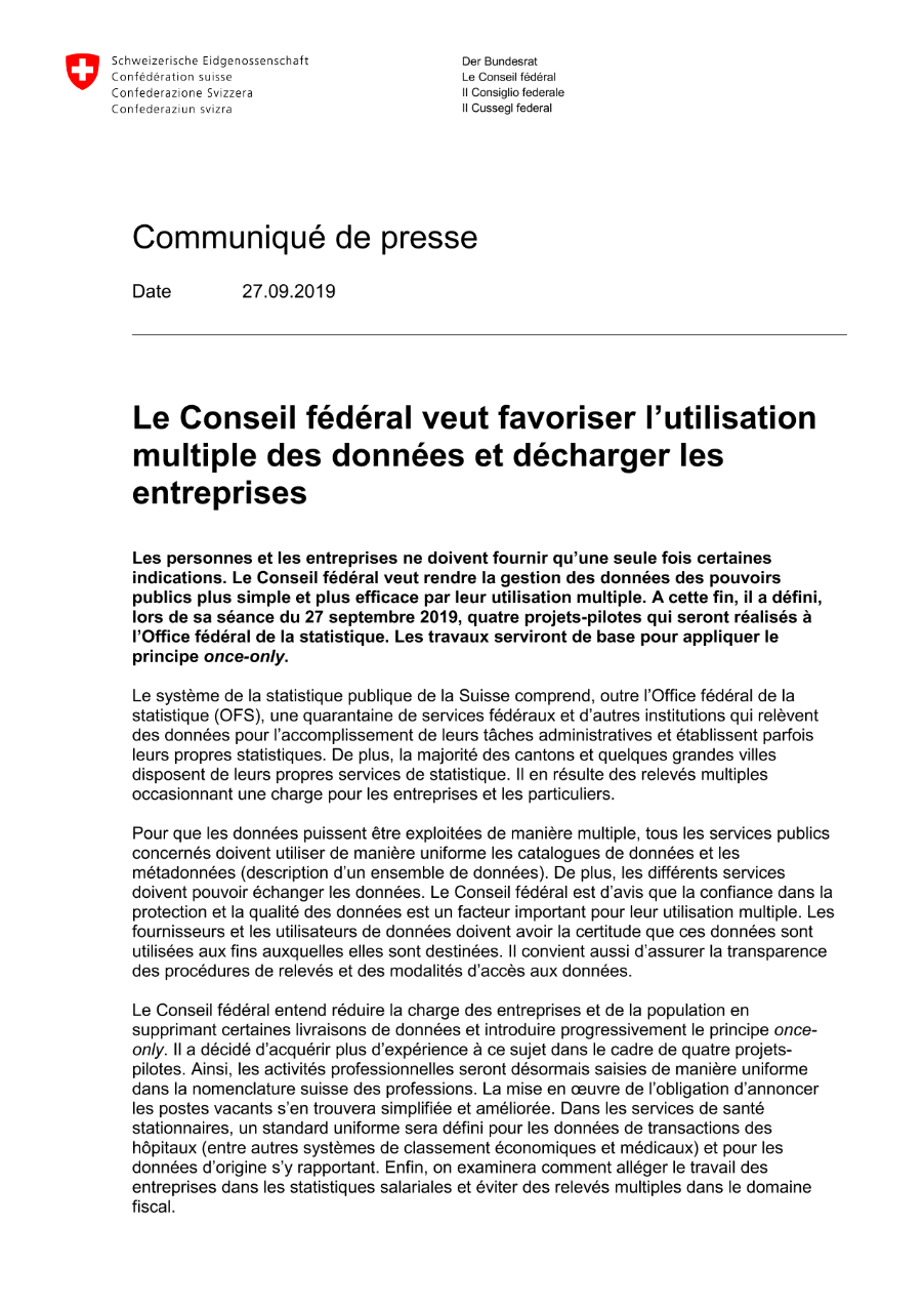 Le Conseil fédéral veut favoriser l'utilisation multiple des données et décharger les entreprises