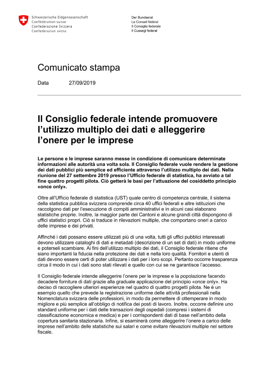 Il Consiglio federale intende promuovere l'utilizzo multiplo dei dati e alleggerire l'onere per le imprese