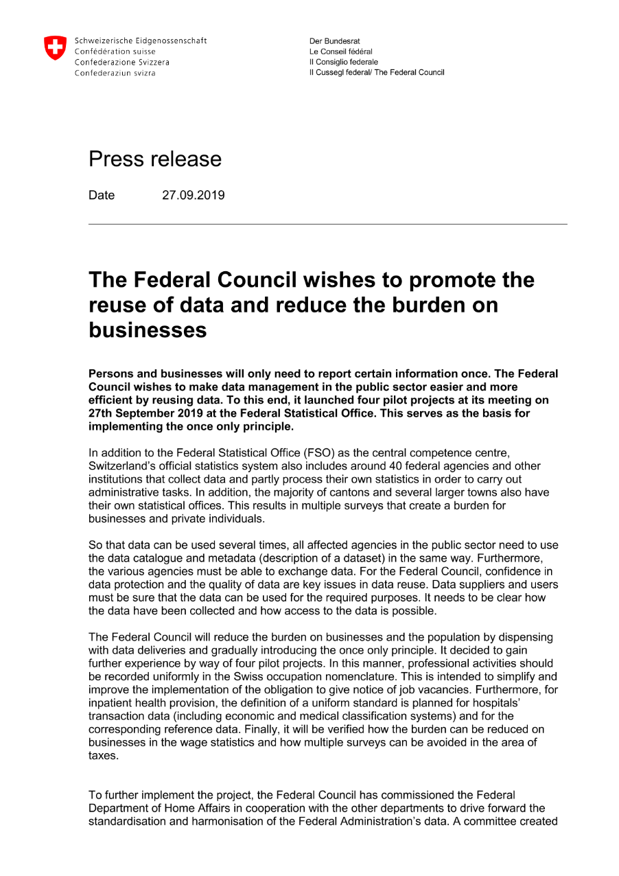 The Federal Council wishes to promote the reuse of data and reduce the burden on businesses