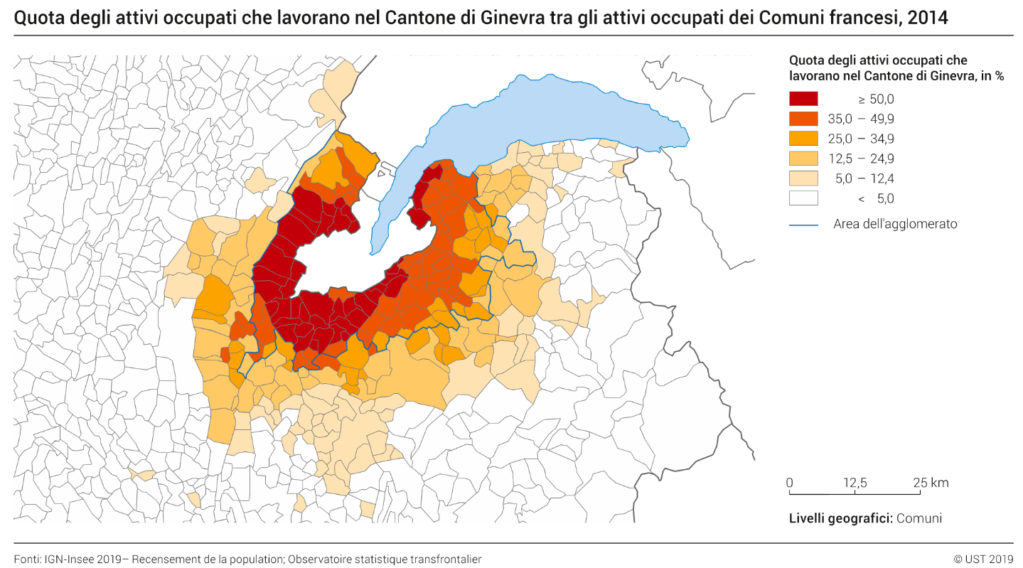Quota degli attivi occupati che lavorano nel Cantone di Ginevra tra gli attivi occupati dei Comuni francesi