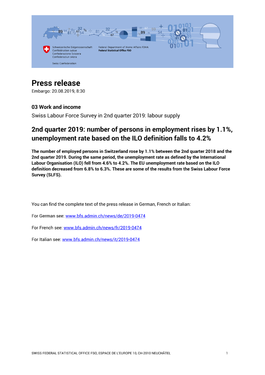 2nd quarter 2019: number of persons in employment rises by 1.1%, unemployment rate based on the ILO definition falls to 4.2%