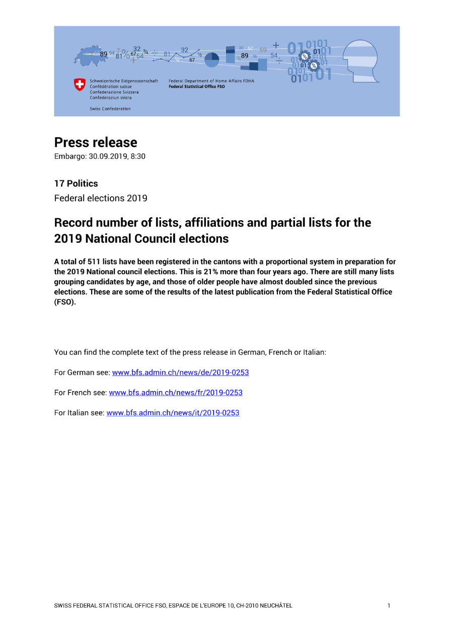Record number of lists, affiliations and partial lists for the 2019 National Council elections