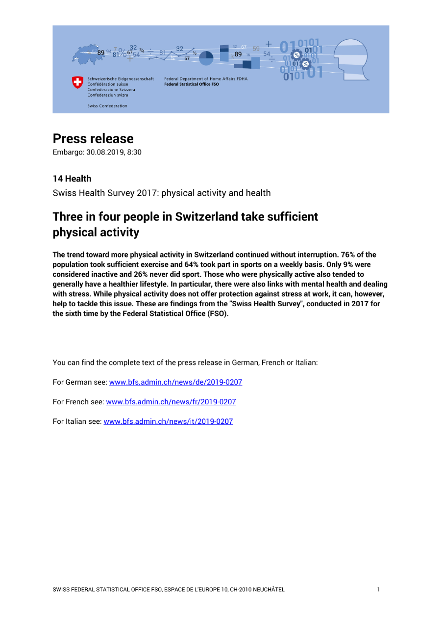 Three in four people in Switzerland take sufficient physical activity