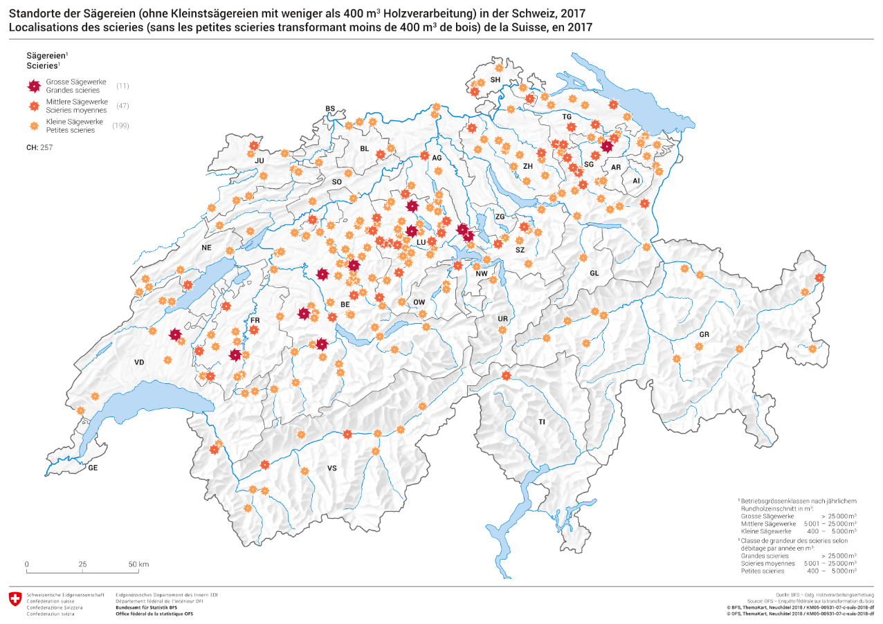 Localisations des scieries (sans les petites scieries transformant moins de 400 m3 de bois) de la Suisse