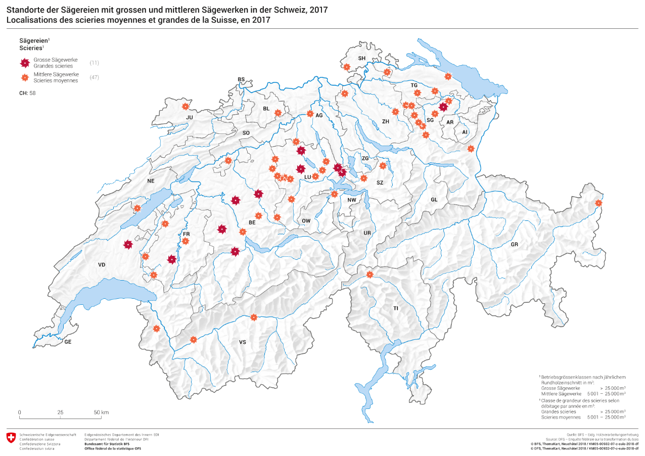 Localisations des scieries moyennes et grandes de la Suisse