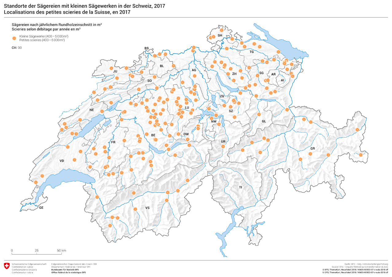 Localisations des petites scieries de la Suisse