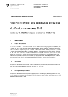 Répertoire officiel des communes de Suisse - Modifications annoncées 2019 - Version du 18.09.2019 (remplace la version du 19.06.2019)