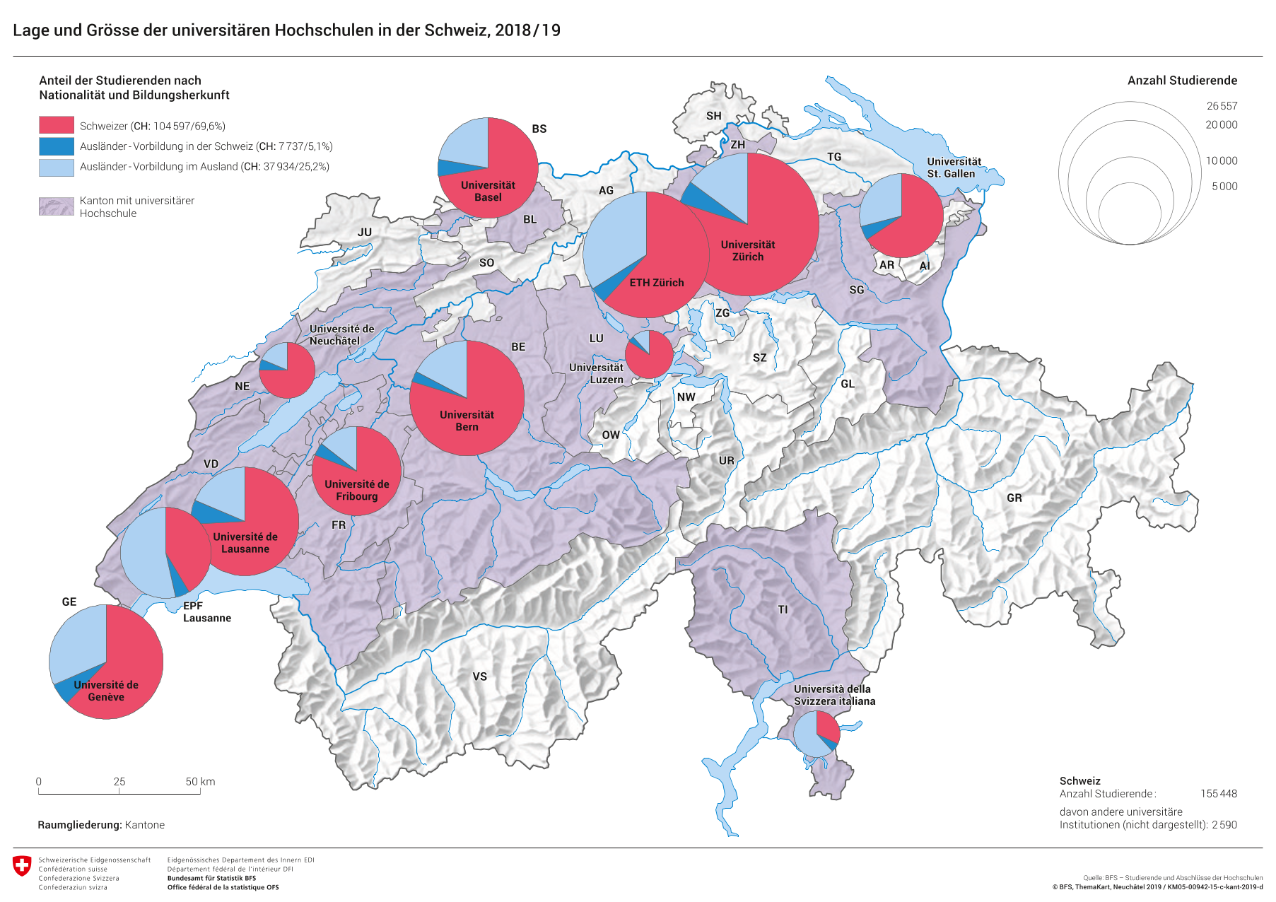 Lage und Grösse der universitären Hochschulen in der Schweiz