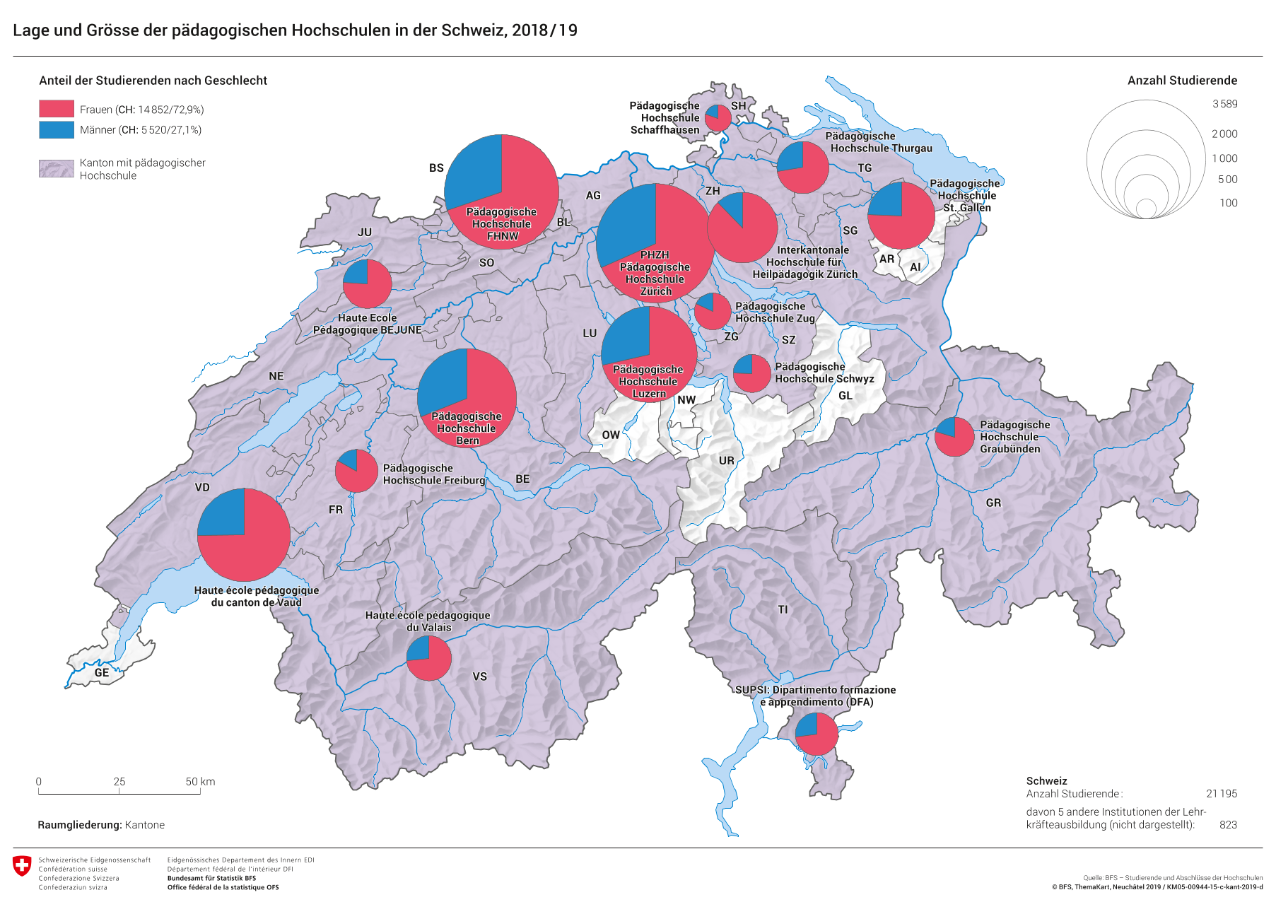 Lage und Grösse der pädagogischen Hochschulen in der Schweiz